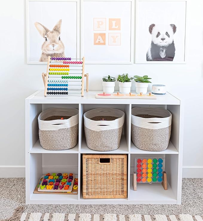 OrganiHaus Woven Storage Baskets for Organizing, Cotton Rope Storage Baskets for Shelves, Soft Bathroom Bins for Organizing, Decorative Cute Nursery Bins for Toys, Organizer Basket for Towels - Brown