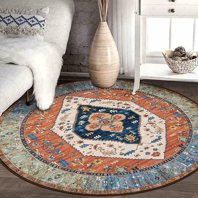 Lahome Ultra-Thin Round Rugs - 6ft Washable Round Area Rugs for Living Room Non-Slip Throw Circle Rugs for Bedroom Dining Room Rug, Non-Shedding Office Rug Oriental Round Carpet for Bedroom Kitchen