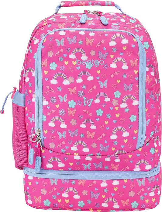 Bentgo Kids 2-in-1 Backpack & Insulated Lunch Bag - Durable 16” Backpack & Lunch Container in Unique Prints for School & Travel - Water Resistant, Padded & Large Compartments (Rainbows & Butterflies)
