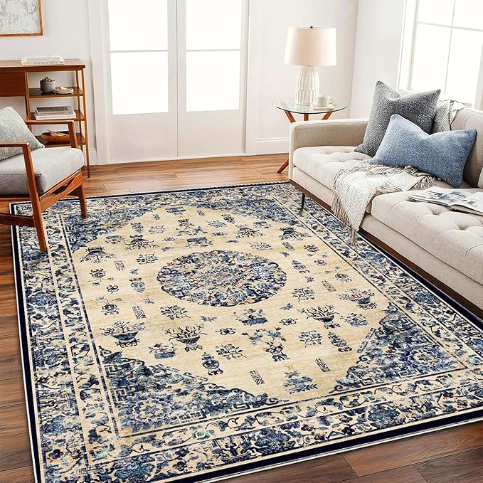 Washable Area Rug 4'x6' Traditional Floor Cover Foldable Thin Rugs Retro Kitchen Indoor Distressed Non Slip Carpet Floral Print Mat Bedroom Living Room