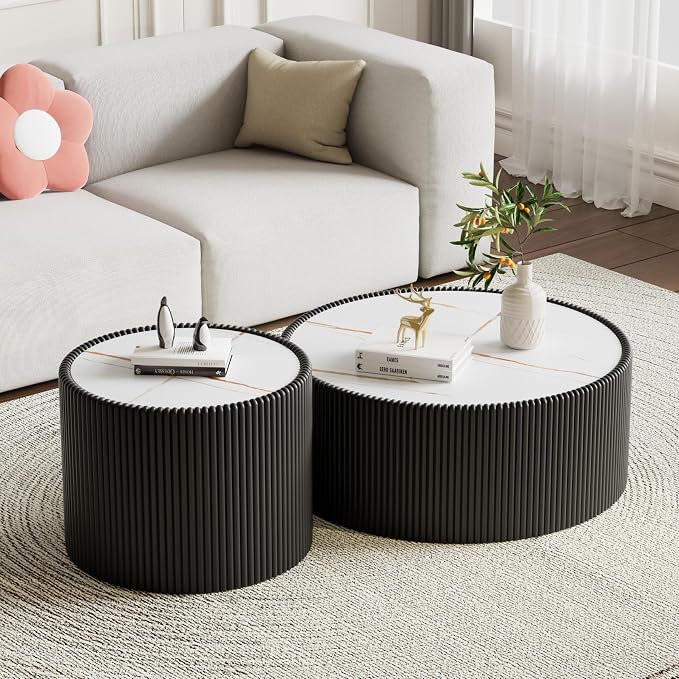 SSLine Round Drum Coffee Table Set of 2 Modern Sintered Stone Top Nesting - Image 3