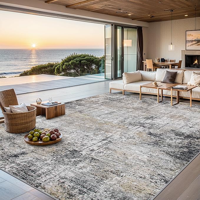 Area Rugs Living Room Rug - 5x7 Washable Modern Abstract Soft Neutral Non-Slip Carpet Large Indoor Floor Thin Carpets for Bedroom Dining Room Farmhouse Nursery Home Office Brown Black Grey