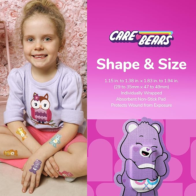 BioSwiss Care Bears Bandages, Unlock The Magic Care Bear Shaped Self Adhesive Bandage, Latex Free Sterile Wound Care, Fun First Aid Kit Supplies for Kids, 50 Count