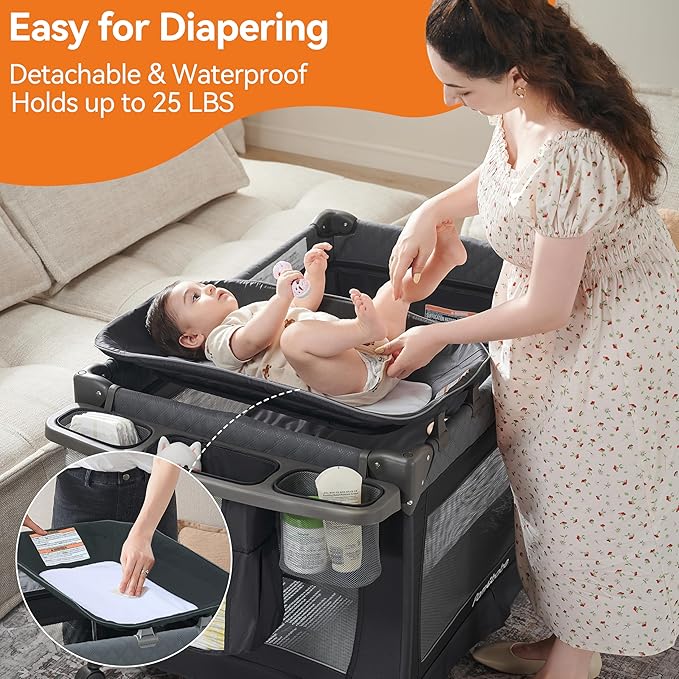 Pamo Babe 1-Second Setup 4-in-1 Playard for Babies - Heavy-Duty Steel Frame for Safe Sleep Space, Portable Crib with Changing Table, Locking Wheels, Breathable Mesh