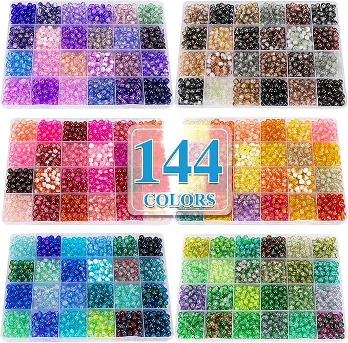 XSEINO About 7200pcs 144 Colors 6mm Crackle Glass Beads Bracelet Making Kit,6Box Different Style Crack Series Colorful Crystal Beads for Bracelet Jewelry Making,DIY Crafts,Friendship Bracelets