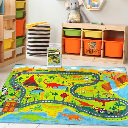 KC Cubs 8x10 Dinosaur Toy Car Dino Road Rug – Educational Play Mat Carpet for Kids, Toddlers, Nursery, Classroom, Playroom, Baby Daycare, Boys & Girls