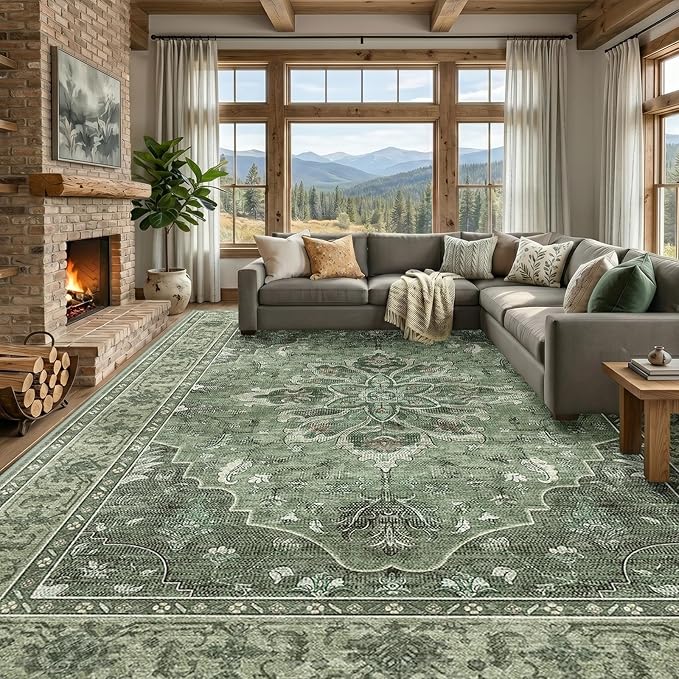 RELEANY Area Rugs 10'x14' Washable Non-Slip, Floral Vintage Distress Print by RELEANY