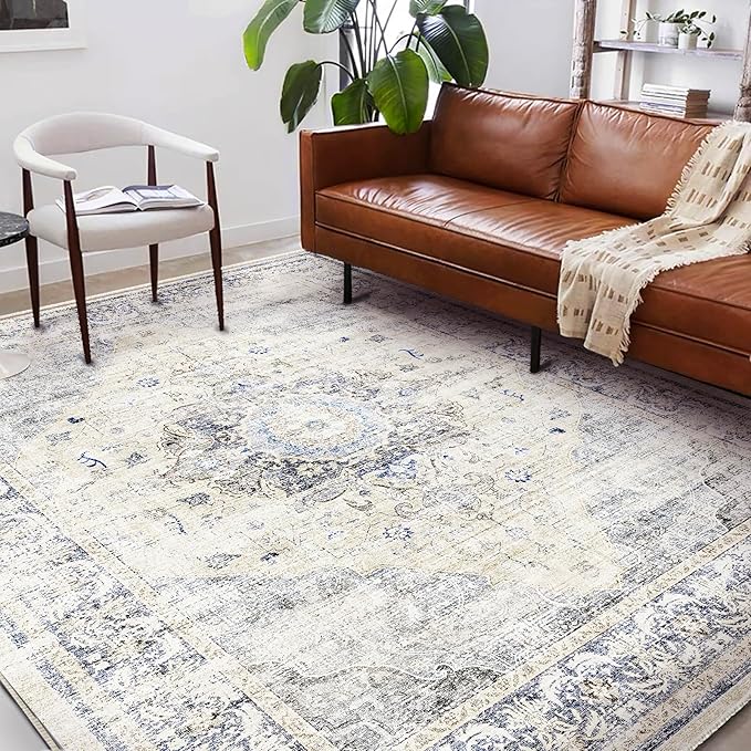 Washable Area Rug 8'x10' Floral Blue Boho Design Non-Shedding Non-Slip Easy Care Ideal for High Traffic Areas in Living Room Bedroom Office Coffee Table Kitchen Large Carpet