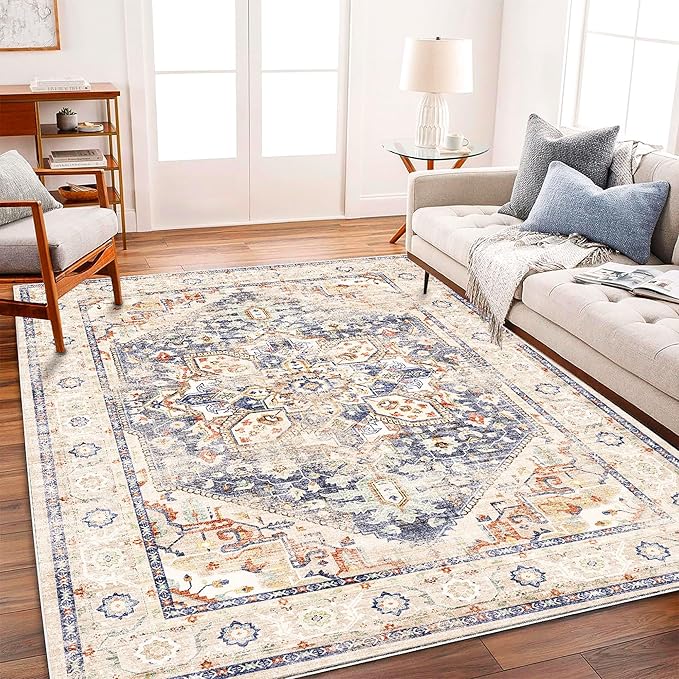 Washable Area Rug 8'x10' Blue Khaki Retro Boho Design Non-Shedding Non-Slip Easy Care Ideal for High Traffic Areas in Living Room Bedroom Office Coffee Table Kitchen Large Carpet