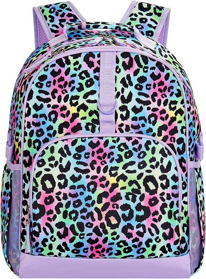 Choco Mocha Cheetah Backpack for Girls, Elementary School Backpack for Girls Ages 6-8 Kids Kindergarten Backpack Bookbag 17 Inch with Chest Strap, Colorful