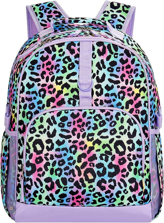 Choco Mocha Cheetah Backpack for Girls, Elementary School Backpack for Girls Ages 6-8 Kids Kindergarten Backpack Bookbag 17 Inch with Chest Strap, Colorful