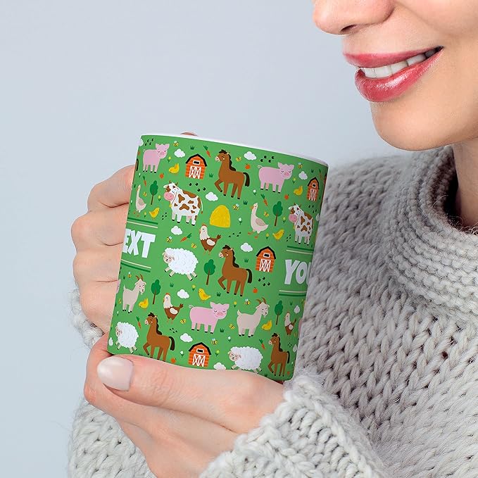 Personalized Mug for Kids - Farm Animals - Custom Name/Text, Ceramic Hot Chocolate/Cocoa/Coffee Cup for Boys/Girls, Birthday/Christmas/Holiday Gift - 11 oz, Pink Handle