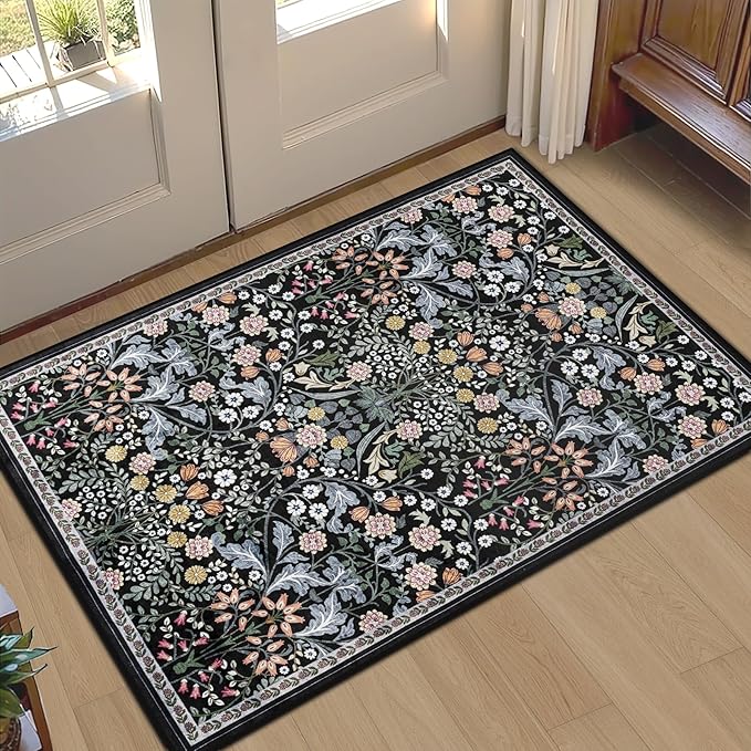 Entryway Rug 2X3 Small Rugs: Floral Washable Door Mat Vintage Soft Low Pile Non-Slip Kitchen Rugs Stain Resistant Indoor Throw Rug for Entrance, Bedroom, Kitchen, Laundry, Bathroom Dark Black