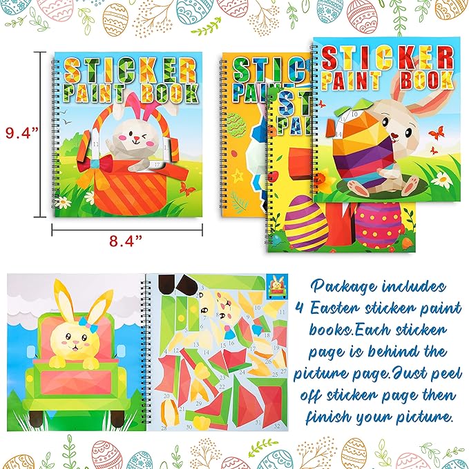 90shine 4PCS Easter Crafts for Kids Ages 4-8 Sticker Books - Basket Stuffer Gift Includes Bunny Egg Chick Gnome and More Designs Create 40 Pictures