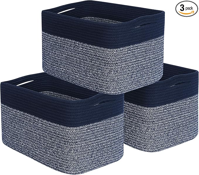 MINTWOOD Design 3-Pack Storage Baskets for Shelves, Playroom and Classroom, Book Basket, Decorative Storage Cube Bins, Woven Closet Organizers, Pantry and Shoe Organizer, Navy Blue