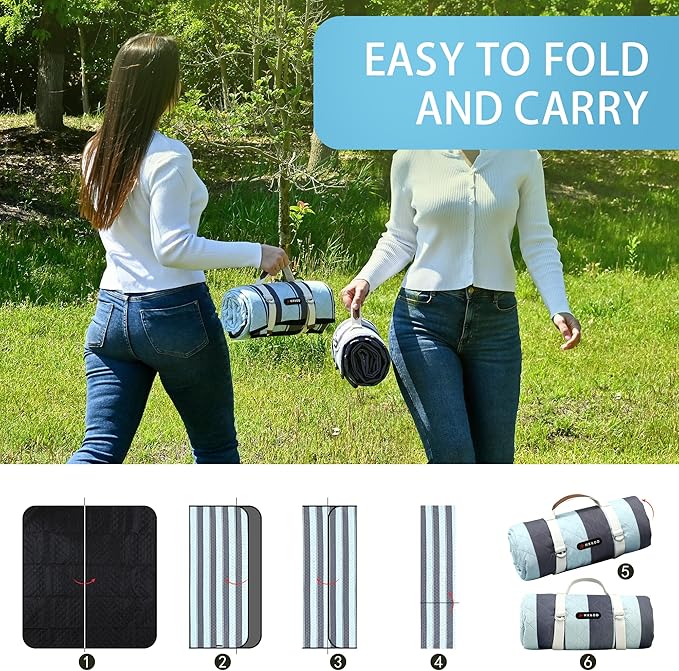 HX&OD Outdoor Picnic Blanket Extra Large, 80''*60'' Waterproof Picnic Mat with Stakes Foldable Camping Blanket Portable with Carry Strap for Beach Mat (Green& White, 80''*60'')