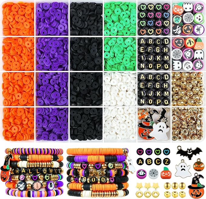 Redtwo 3000 Pcs Halloween Clay Beads for Bracelet Making Kit, Halloween Decorations Charms Jewelry Making, DIY Crafts for Gifts Party Favors