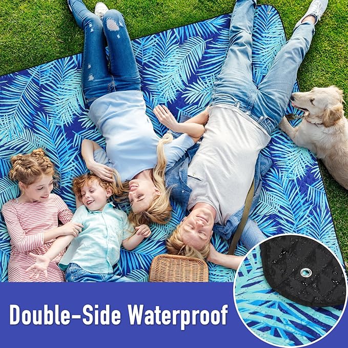 PY SUPER MODE Picnic Blankets Extra Large, Waterproof Foldable Outdoor Beach Blanket Oversized 83x79” Sandproof, 3-Layer Picnic Mat for Camping, Hiking, Travel, Park, Concerts(Blue Leaves)