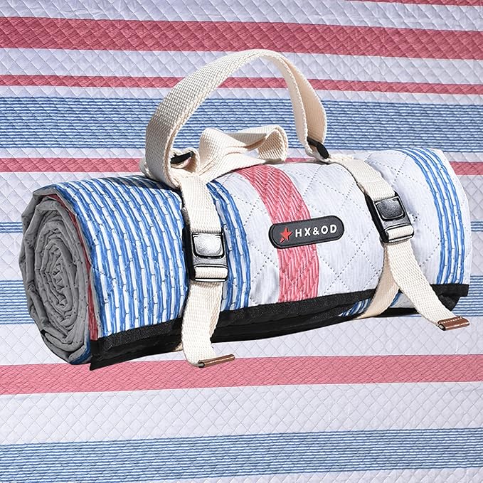 Waterproof Picnic Mat, Outdoor Camping Oversized Field Blanket. Portable Thickened Camping Blanket, Suitable for Beach, Camping, Music Festival, Party, Outdoor Adventure. (Red&Blue&White, 80”x60”)