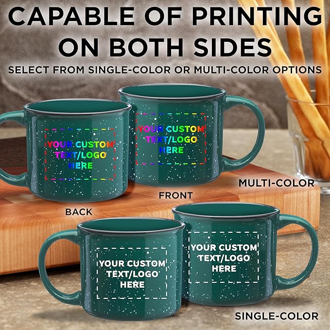 DISCOUNT PROMOS Custom Ceramic Campfire Coffee Mugs 13 oz. Set of 10, Personalized Bulk Pack - Perfect for Tea, Espresso, Cappuccino, Hot Cocoa - Green