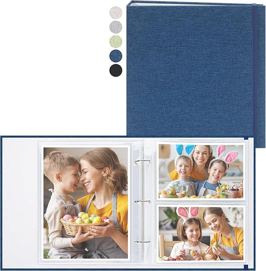 Vienrose Linen 3-Ring Photo Album Holds 190 Photos, 160 4x6 Photos and 30 6x8 Pictures, Picture Album with Multiple Size Pockets, Memory Book for Family Wedding Anniversary Baby, Blue