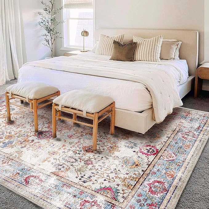 Washable Area Rug Vintage 6'x9' Light Traditional Floor Cover Thin Rug Retro Kitchen Indoor Distressed Non Slip Carpet Floral Print Mat Living Room Bedroom Dining Room