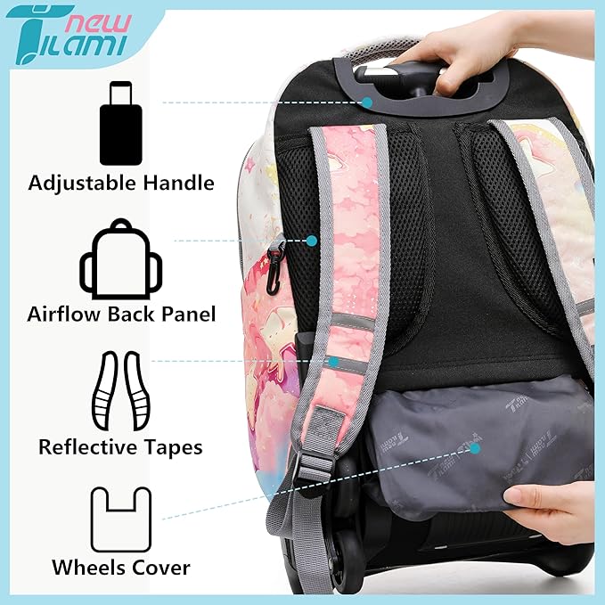 NEW TILAMI Girls 18 inch Rolling Backpack - Large Capacity, Waterproof, Adjustable Handle, Stylish Design, Ideal for School & Travel, Starshine