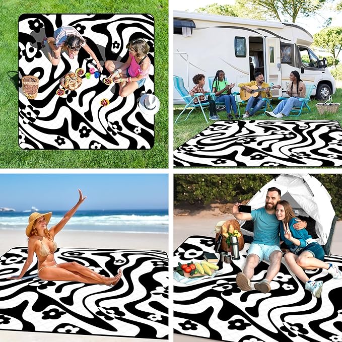 Picnic Blankets Waterproof Foldable, Extra Large 79"x79" Beach Blanket Waterproof Sandproof, 3-Layer Polyester Portable Outdoor Picnic Mat Essentials for Park, Camping Travel, Grass Lawn-Spiral Design