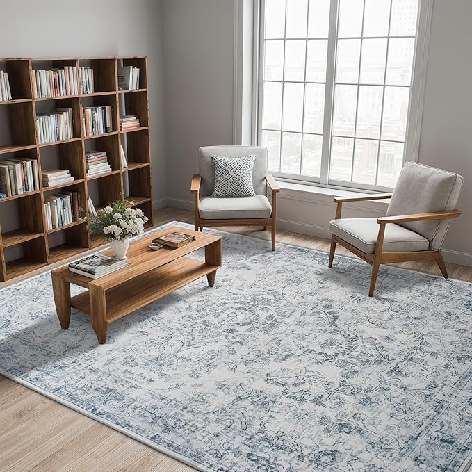 Light Blue 6x9 Area Rug Machine Washable for Living Room, Distressed Non Slip Rugs for Bedroom, Traditional Indoor Retro Floral Accent Vintage Carpet for Office Dining Room, Dorm