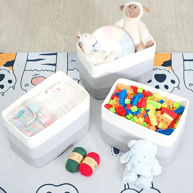 MINTWOOD Design 3-Pack Storage Baskets for Shelves, Playroom and Classroom, Book Basket, Decorative Storage Cube Bins, Woven Closet Organizers, Pantry and Shoe Organizer, 3-Tone Grey