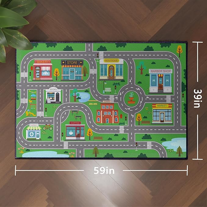 Play Rug for Playroom 59"x39" Car Mat Town City Road Map for Boys Bedroom Fun Car Play Area Carpet Non-Slip Washable