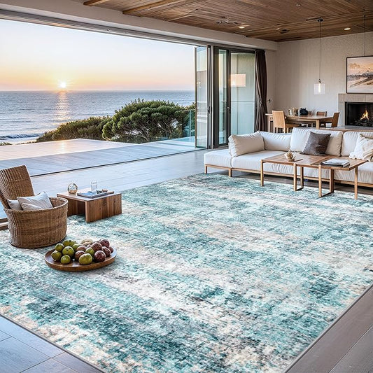 Area Rugs 9x12 Living Room - Washable Rug Modern Abstract Soft Large Neutral Non-Slip Carpet Indoor Floor Thin Carpets for Bedroom Dining Room Farmhouse Nursery Home Office Green