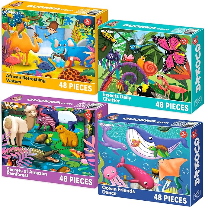 QUOKKA Puzzles for Toddlers 4-6 – 4 x 48 Pieces Jigsaw Puzzles for Kids Ages 3-5 – Learning Insects, African, Amazon, Ocean Animals Puzzle for 2-4 – Jigsaw Game for Boy and Girl 4-8 Year Old