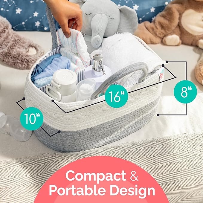 Rope Diaper Caddy - Storage for Baby and Toddler Items - Portable Cotton Organizer Easily Holds Diapers, Wipes, Clothing - Useful for Nursery, Bedroom (Gray, Extra Large)
