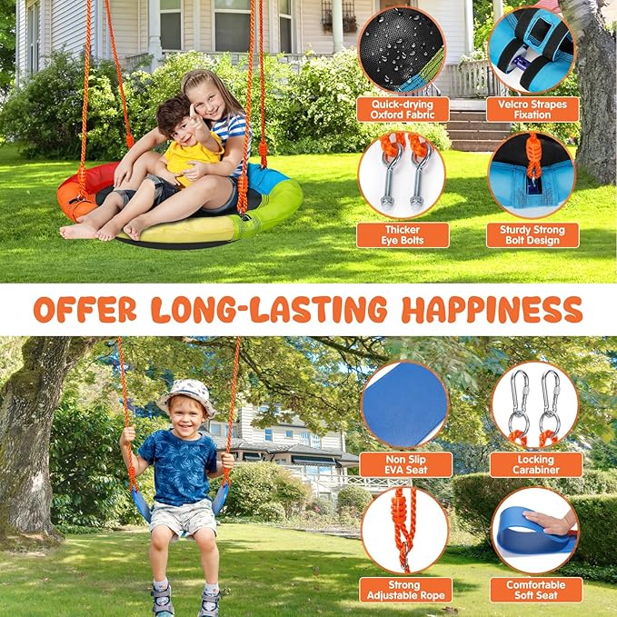 Swing Sets for Backyard, Outdoor Toys for Kids, Heavy Duty Metal A-Frame Swing Set Holds 440 lbs with 32" Saucer Seat, 26.2" Seat and Tree Disc