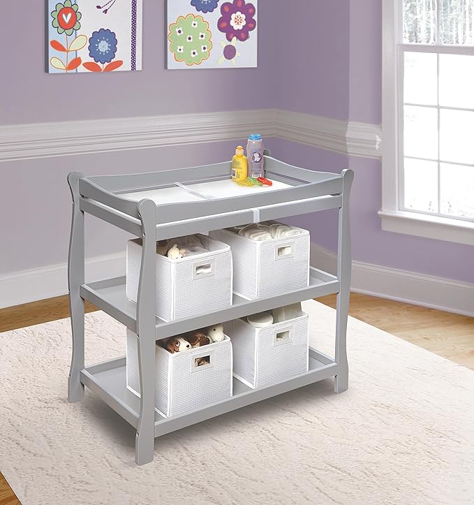 Badger Basket Sleigh Style Baby Changing Table - Nursery Diaper Station with Safety Rails, Foam Pad, and Two Storage Shelves - Nursery Organizer - Gray