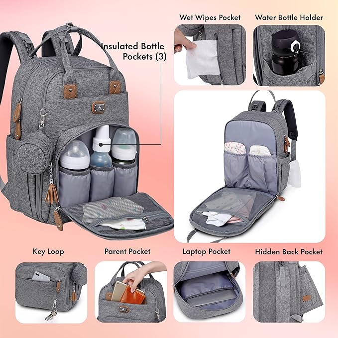 Dikaslon Diaper Bag Backpack with Portable Changing Pad, Pacifier Case and Stroller Straps, Large Unisex Baby Bags for Boys Girls, Multipurpose Travel Back Pack Moms Dads, Gray