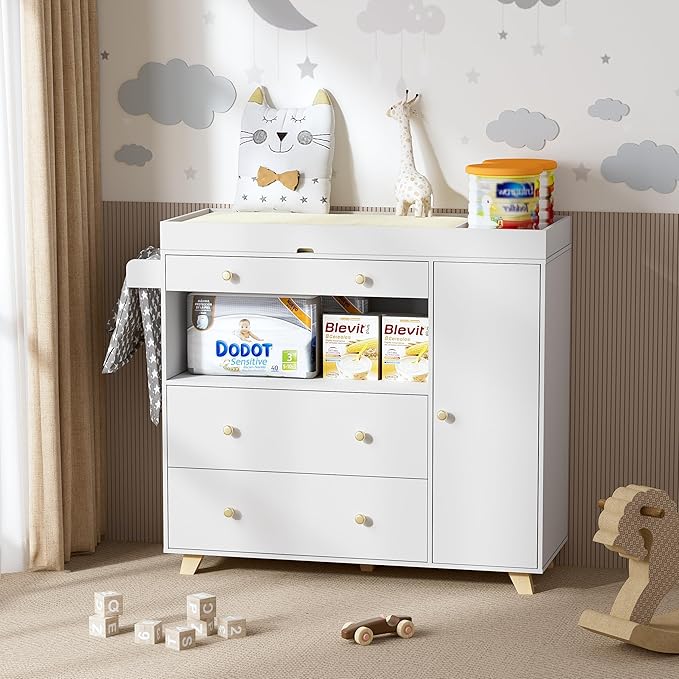PAKASEPT Changing Table Modern Dresser with Wide Table Top, 3 Drawers, White Drawer Dresser