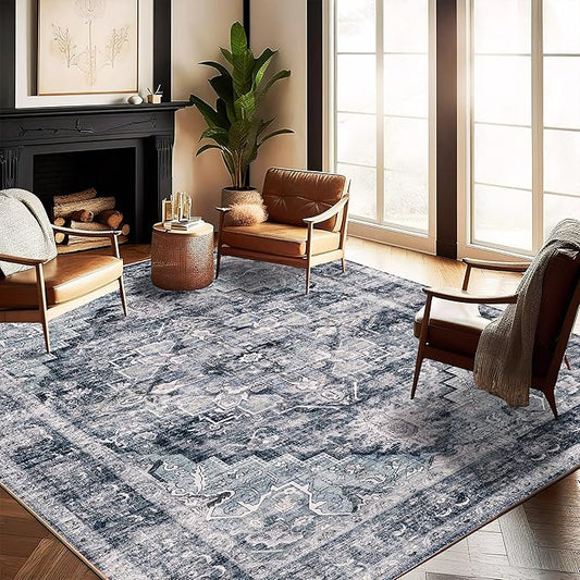 Washable Area Rug 10'x14' Dark Blue Retro Flowers Boho Design Non-Shedding Easy Care Ideal for High Traffic Areas in Living Room Bedroom Office Coffee Table Kitchen Large Carpet