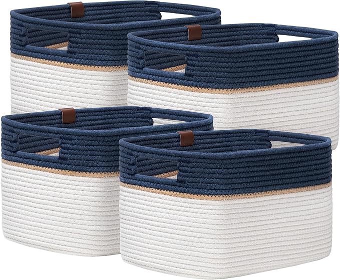UBBCARE 4 Pack Baskets for Organizing, Woven Storage Baskets with Label for Toys and Towel, Rectangle Cotton Rope Basket with Handles, 15''L x10''W x9''H, Navy Blue&White