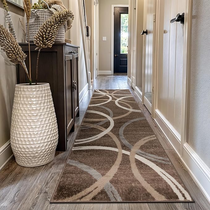 Rugshop Modern Wavy Circles Design Runner Rug 2'7" x 12' Brown