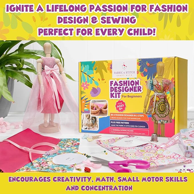 Fashion Designer Kits for Girls Ages 8+ Beginners Learn About Patterns, Draft & Re-Design Patterns, Sew & Be A Fashion Designer for The 8.5 in. Wood Mannequin. Sewing Kits for Kids 8-12