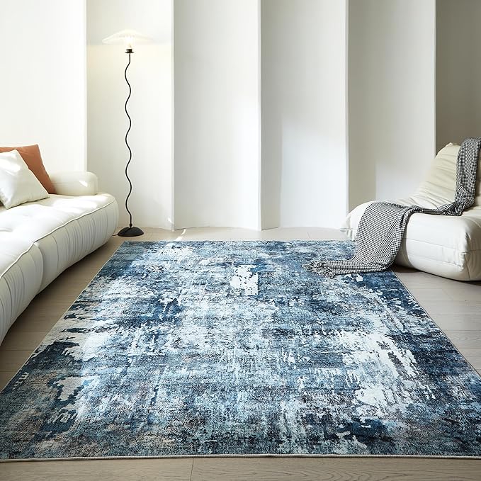 Area Rug 5x7 Washable Rug Boho Soft Abstract Pattern Non-Slip Non-Shedding Faux Wool Vintage for Living Room, Bedroom, Farmhouse, Dining Room, Indoor, Kids Playroom, Blue