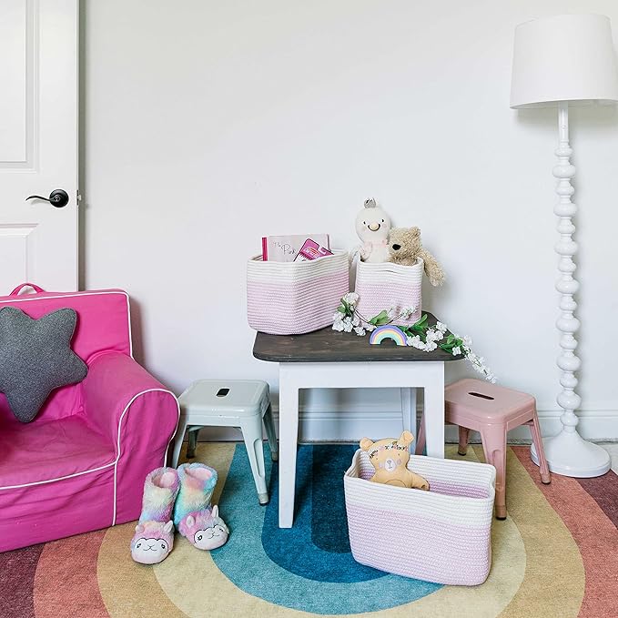 OrganiHaus Pink Basket for Books, Toy Organizers and Storage for Girls, Towel Baskets for Bathroom, Woven Baskets for Storage, Decorative Rope Storage Baskets, Cotton Rope Basket for Storage