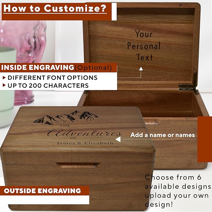 Personalized Memory Box Travel - Travel Gifts for Couples, Acacia Wood Chest Trunk for Couples Adventure Keepsakes, Wooden Keepsake Box for Tickets, Valentine's Gifts Custom, Various Designs, 8x6x4 in
