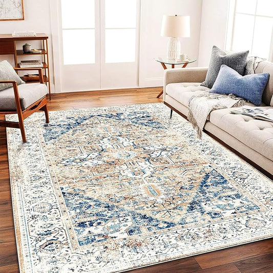 Retro Washable Area Rug 4X6 Washable Living Room Boho Chic Medallion Distressed DesignIndoor Non-Slip Large Accent Throw Rug for Kitchen Bedroom Office Carpet