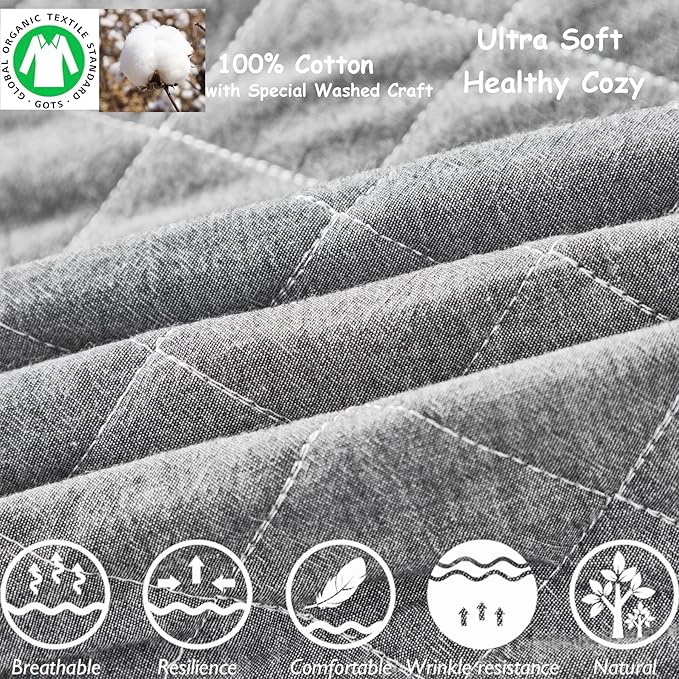 Brandream Gender Neutral Boho Bohemian Farmhouse Chic Baby Crib Bedding Set 100% Washed Cotton Like Linen Supersoft Classic Quilted Plaid Design Nursery Collection (Grey, 6-Piece)