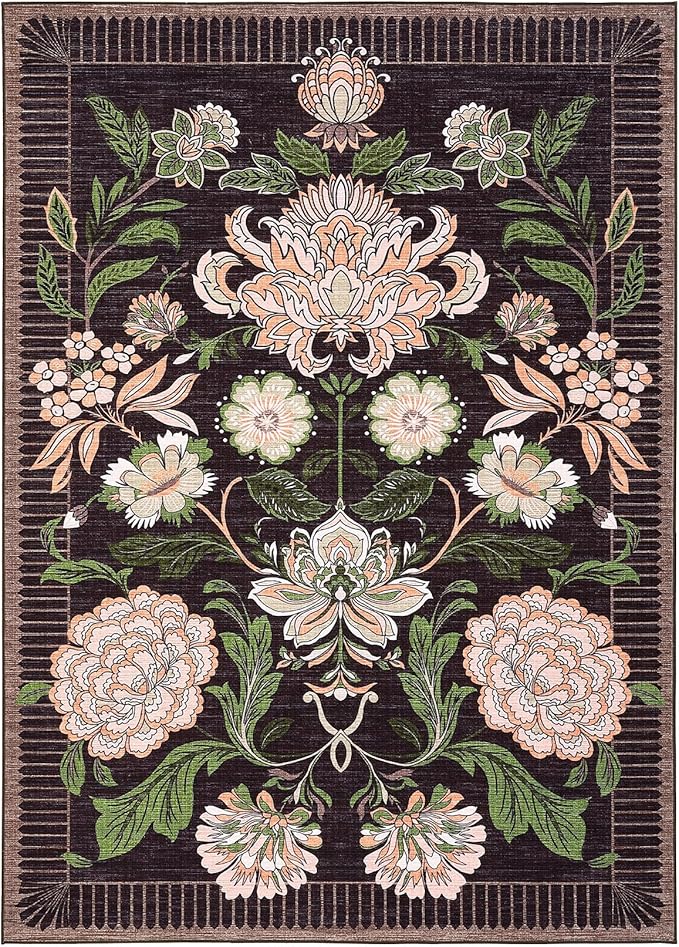 GarveeHome Plum Pink Floral Botanical Washable 5x7 Rug for Living Room, Black Purple Vintage Boho Cottage Throw Rugs Low Pile Carpet for Bedroom Dining Nursery Rug