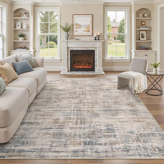 Area Rug for Living Room: 7x9 Washable Neutral Abstract Modern Soft Rugs Non Slip Indoor Floor Stain Resistant Large Carpet for Bedroom Dining Room Office Nursery - Brown