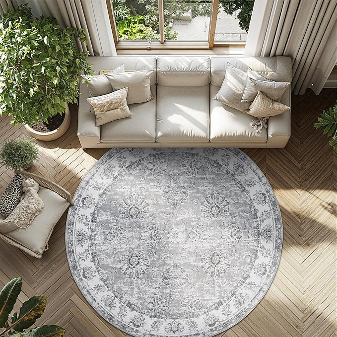 jinchan Round Rug 7ft Area Rug - Grey Vintage Floor Mat Kitchen Indoor Ultra-Thin Soft Floral Print - Washable Circle 7' Retro Accent for Farmhouse Non Slip Dining Room Living Room Bedroom Office